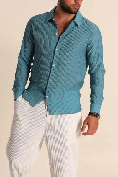 Turkuaz Regular Fit Plise Dokulu Erkek Gömlek 283877