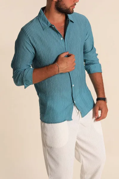 Turkuaz Regular Fit Plise Dokulu Erkek Gömlek 283877