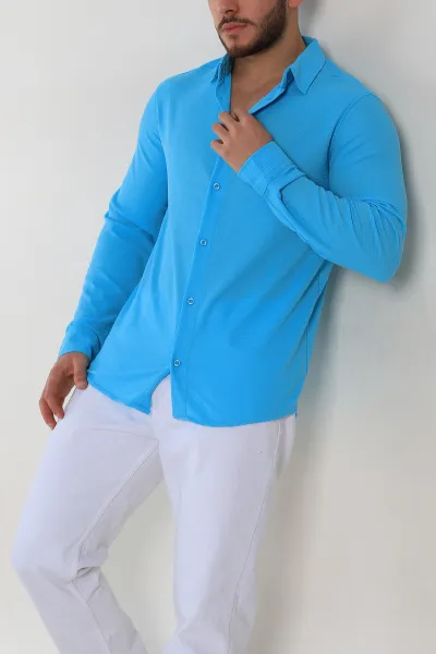 Turkuaz Slim Fit Petek Dokulu Uzun Kollu Erkek Gömlek 325218