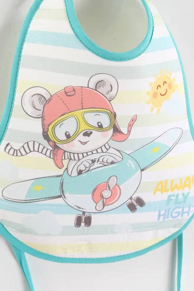 Turkuaz Uçakta Ayıcık  Desenli Sıvı Geçirmez  Bebek Mama   Önlüğü 456259