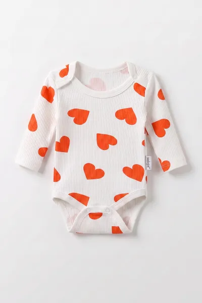 Turuncu (0-9 Ay )Raporlu Kalp Desenli  Uzun Kollu Kız    Bebek & Çocuk Çıtçıtlı Badi 480385