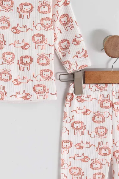 Turuncu (1-3 Yaş) Aslan Desenli Raporlu Çocuk Pijama Takım 459405
