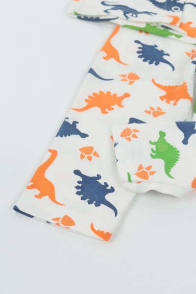 Turuncu (1-3 Yaş) Bebe Yaka Dinazor Baskılı Erkek Çocuk Pijama Takım 136749