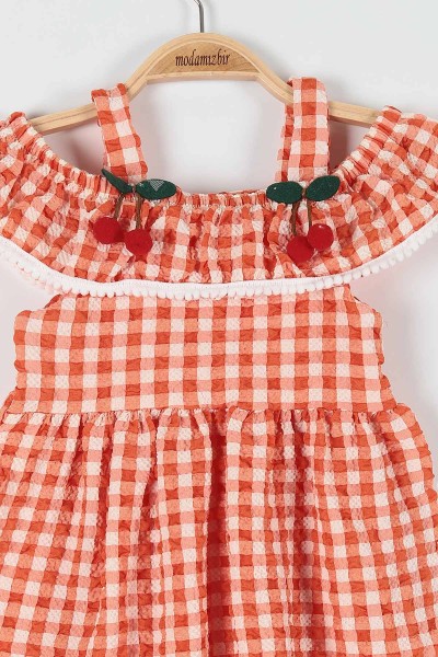 Turuncu (1-3 Yaş) Kiraz Motifli Kareli Askılı Kız Çocuk Elbise 181124