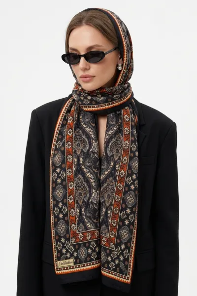 Turuncu 180x70 Cm Our Fashion Dijital Baskılı Desenli Bambu Kraş Şal 488551