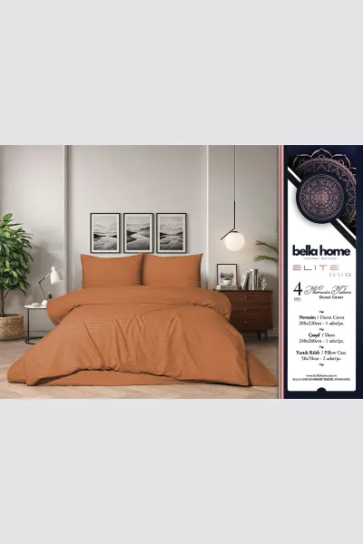 Turuncu 200x220 Cm Bella Home Çift Kişilik Çizgili Saten Nevresim Takımı 446779