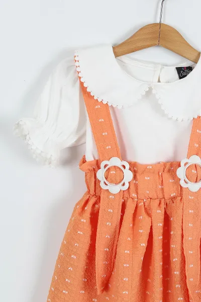 Turuncu (4-8 Yaş) Papatya Tokalı Bebe Yaka Kız Çocuk Tulum Salopet Takım 276854