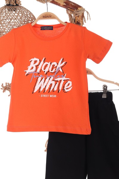 Turuncu (5-8 Yaş) Black White Baskılı Şortlu Erkek Çocuk Takım 170165