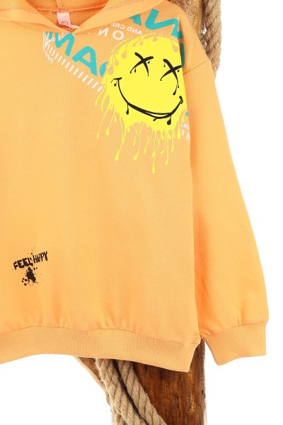 Turuncu (5-8 Yaş) Feel Happy Baskılı Kapüşonlu  Mevsimlik Erkek Çocuk Sweat 157157