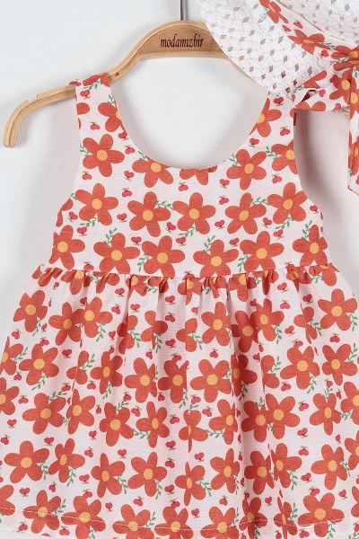 Turuncu (6-24 Ay) Çiçek Baskılı Kurdele Detaylı Kız Bebe Elbise 183340