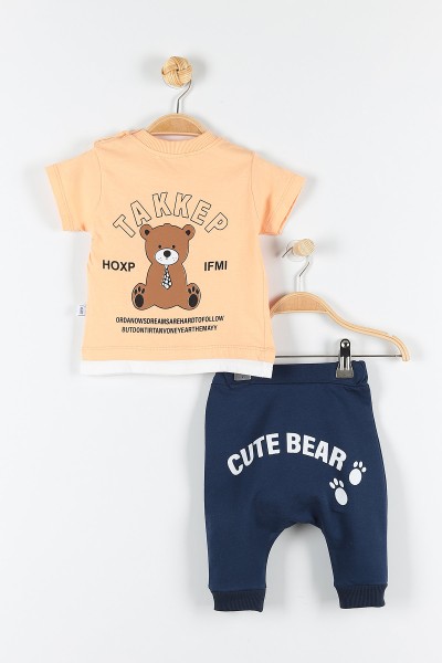 Turuncu (6-24 Ay) Cute Bear Ayı Baskılı Çıtçıt Detaylı Erkek Çocuk Takım 171414