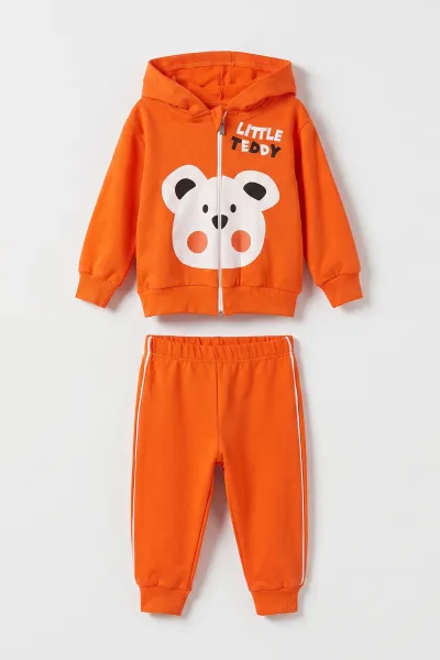 Turuncu (6-24 Ay) Little Teddy Baskılı Kapüşonlu Fermuarlı Erkek Bebek Takım 473149