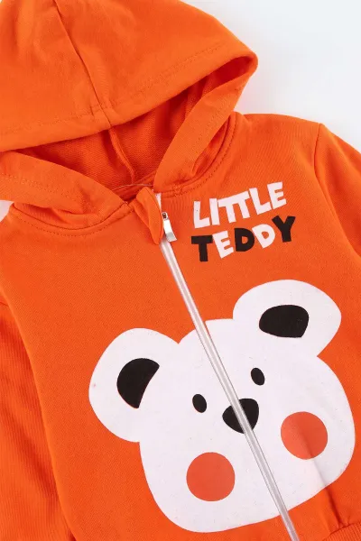 Turuncu (6-24 Ay) Little Teddy Baskılı Kapüşonlu Fermuarlı Erkek Bebek Takım 473149