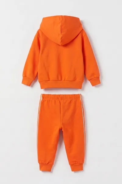 Turuncu (6-24 Ay) Little Teddy Baskılı Kapüşonlu Fermuarlı Erkek Bebek Takım 473149