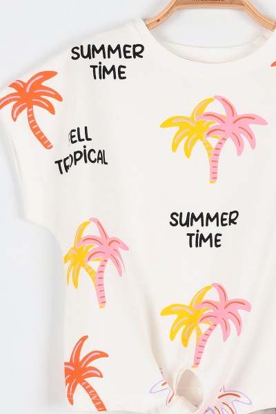 Turuncu (6-9 Yaş) Palmiye Summer Time Baskılı Şortlu Önden Bağlamalı Kız Çocuk Takım 192429