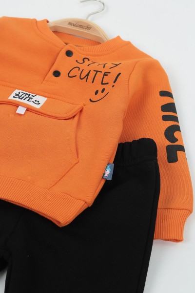 Turuncu (9-24 Ay) Stay Cute Baskılı Kapak Cepli Üç İp Şardonlu Erkek Çocuk Takım 136798