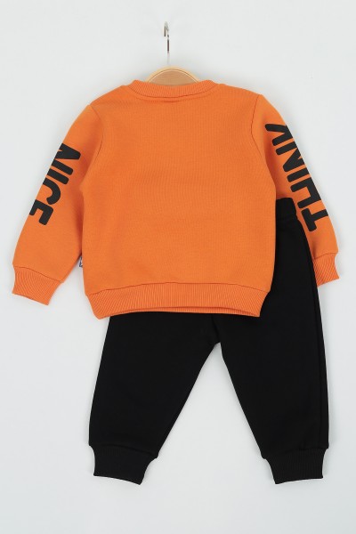 Turuncu (9-24 Ay) Stay Cute Baskılı Kapak Cepli Üç İp Şardonlu Erkek Çocuk Takım 136798