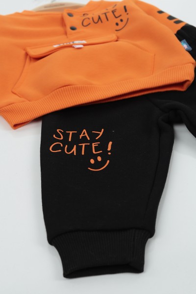 Turuncu (9-24 Ay) Stay Cute Baskılı Kapak Cepli Üç İp Şardonlu Erkek Çocuk Takım 136798