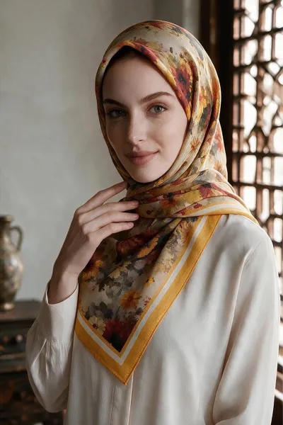 Turuncu 90x90 Cm Dijital Baskılı Dahlia Desen Kutulu Twill Eşarp 500974