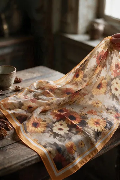 Turuncu 90x90 Cm Dijital Baskılı Dahlia Desen Kutulu Twill Eşarp 500974