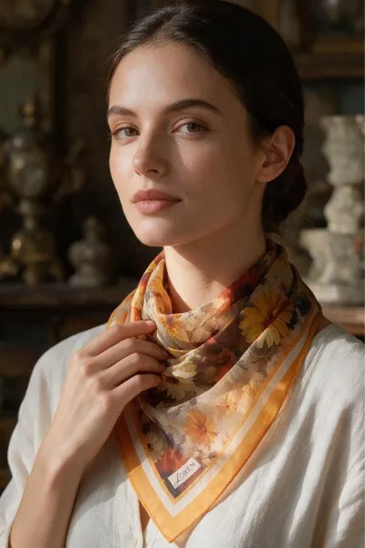 Turuncu 90x90 Cm Dijital Baskılı Dahlia Desen Kutulu Twill Eşarp 500974