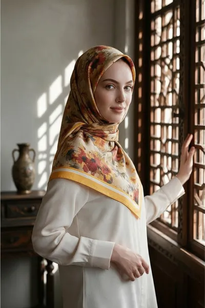 Turuncu 90x90 Cm Dijital Baskılı Dahlia Desen Kutulu Twill Eşarp 500974