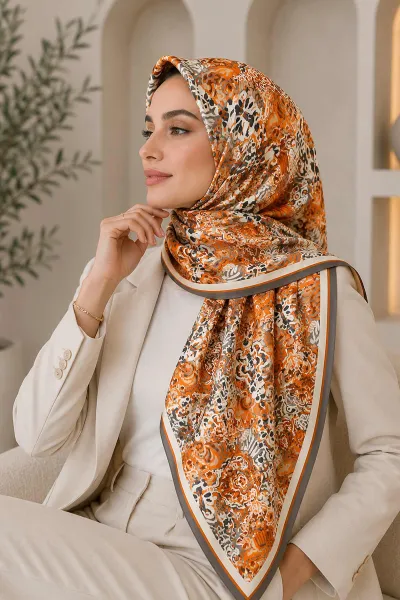 Turuncu 95x95 Cm Dijital Baskılı Valencia Desen Soft Eşarp 473345