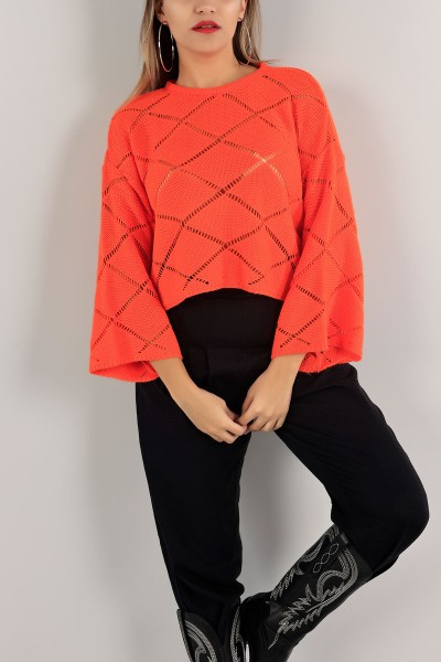 Turuncu Ajurlu Crop Triko Kazak 137481