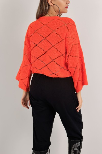 Turuncu Ajurlu Crop Triko Kazak 137481