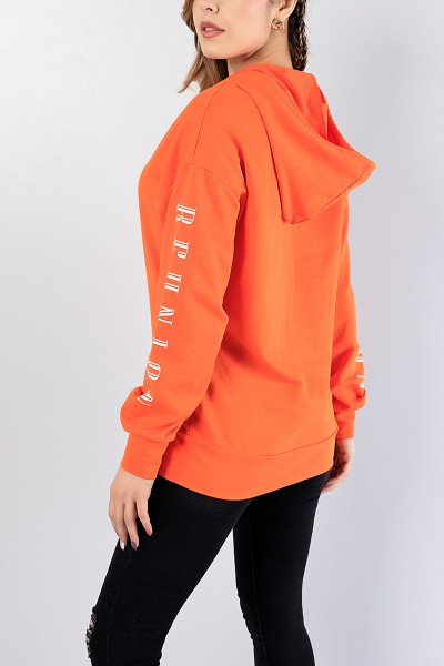 Turuncu Baskılı Bayan Kapüşonlu Sweat 81212