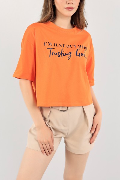 Turuncu Baskılı Crop Tişört 115293