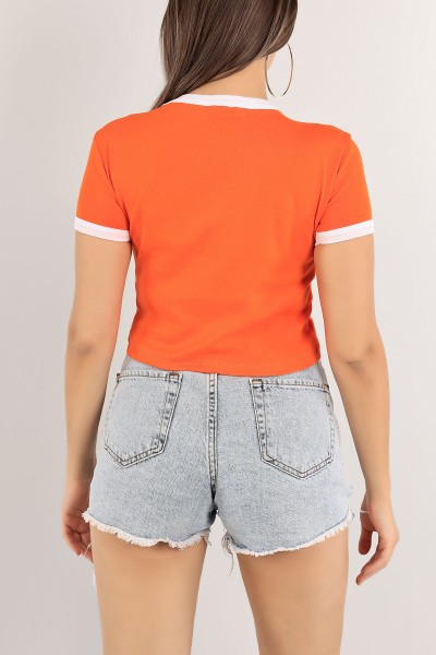 Turuncu Baskılı Crop Tişört 120895