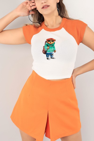 Turuncu Baskılı Fitilli Crop Tişört 113190