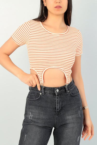 Turuncu Beli Çengelli Çizgili Body 71322