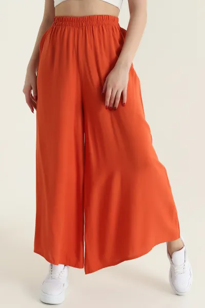 Turuncu Beli Lastikli Şalvar Dokuma Kadın Pantolon 430049