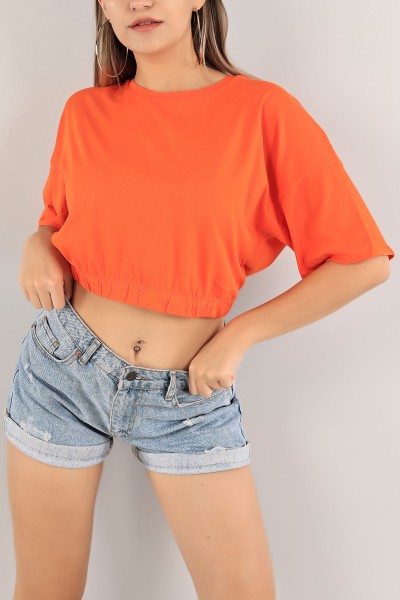 Turuncu Bisiklet Yaka Beli Lastikli Crop Tişört 121899
