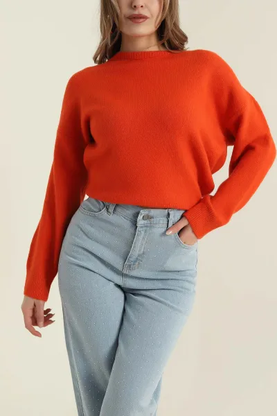 Turuncu Bisiklet Yaka Oversize Kadın Triko Kazak 421241