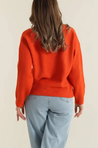 Turuncu Bisiklet Yaka Oversize Kadın Triko Kazak 421241