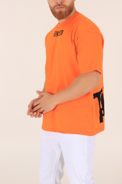 Turuncu Bisiklet Yaka Sırt Baskılı Oversize Erkek Tişört 169663