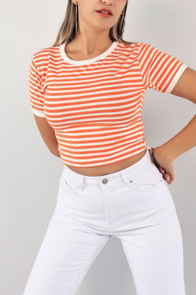 Turuncu Çizgili Crop Tişört 123467