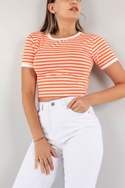 Turuncu Çizgili Crop Tişört 123467