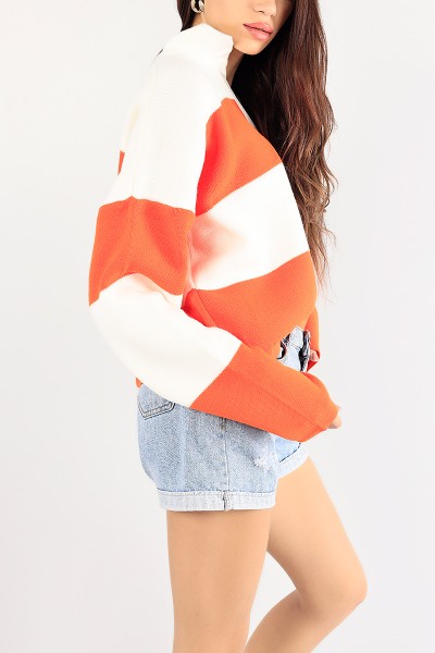 Turuncu Çizgili Yakalı Bayan Triko Kazak 84017