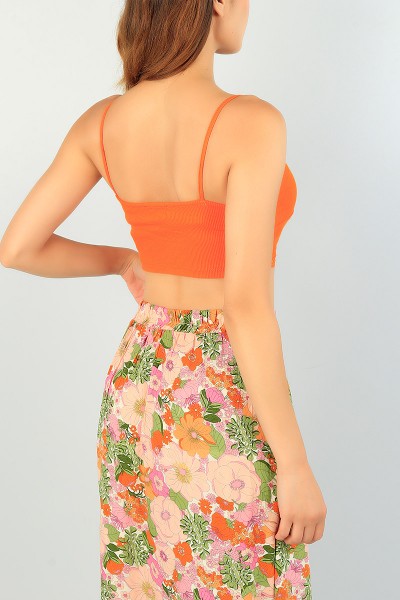 Turuncu Dantelli Tasarım Fitilli Crop Atlet 72816