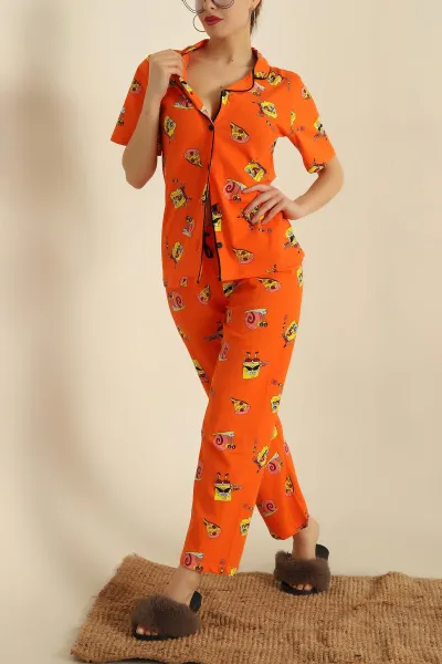 Turuncu Düğmeli Desenli Bayan Pijama Takımı 258530