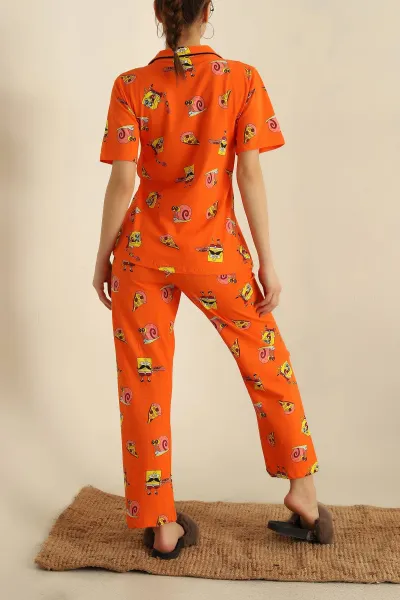 Turuncu Düğmeli Desenli Bayan Pijama Takımı 258530