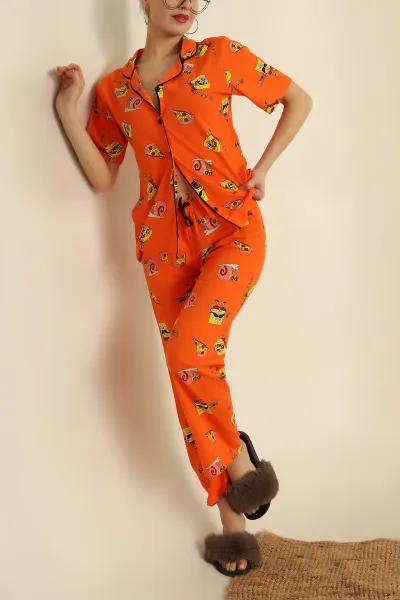 Turuncu Düğmeli Desenli Bayan Pijama Takımı 258530