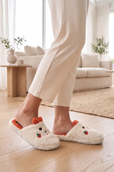 Turuncu Ekru Peluş Figürlü Kadın Ev Terliği 488916