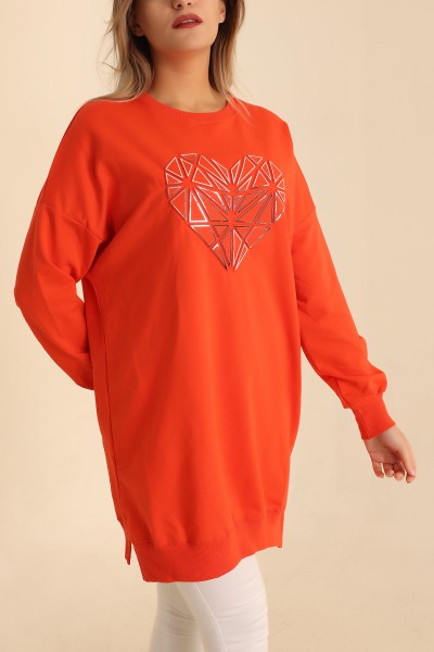 Turuncu Kalp Gofre Baskılı Sweat 214405