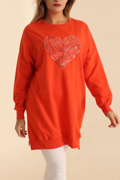 Turuncu Kalp Gofre Baskılı Sweat 214405