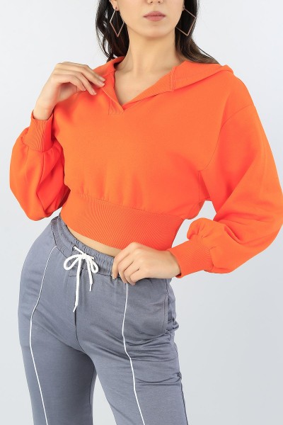 Turuncu Kapüşonlu Üç İp Bayan Crop Sweat 53565